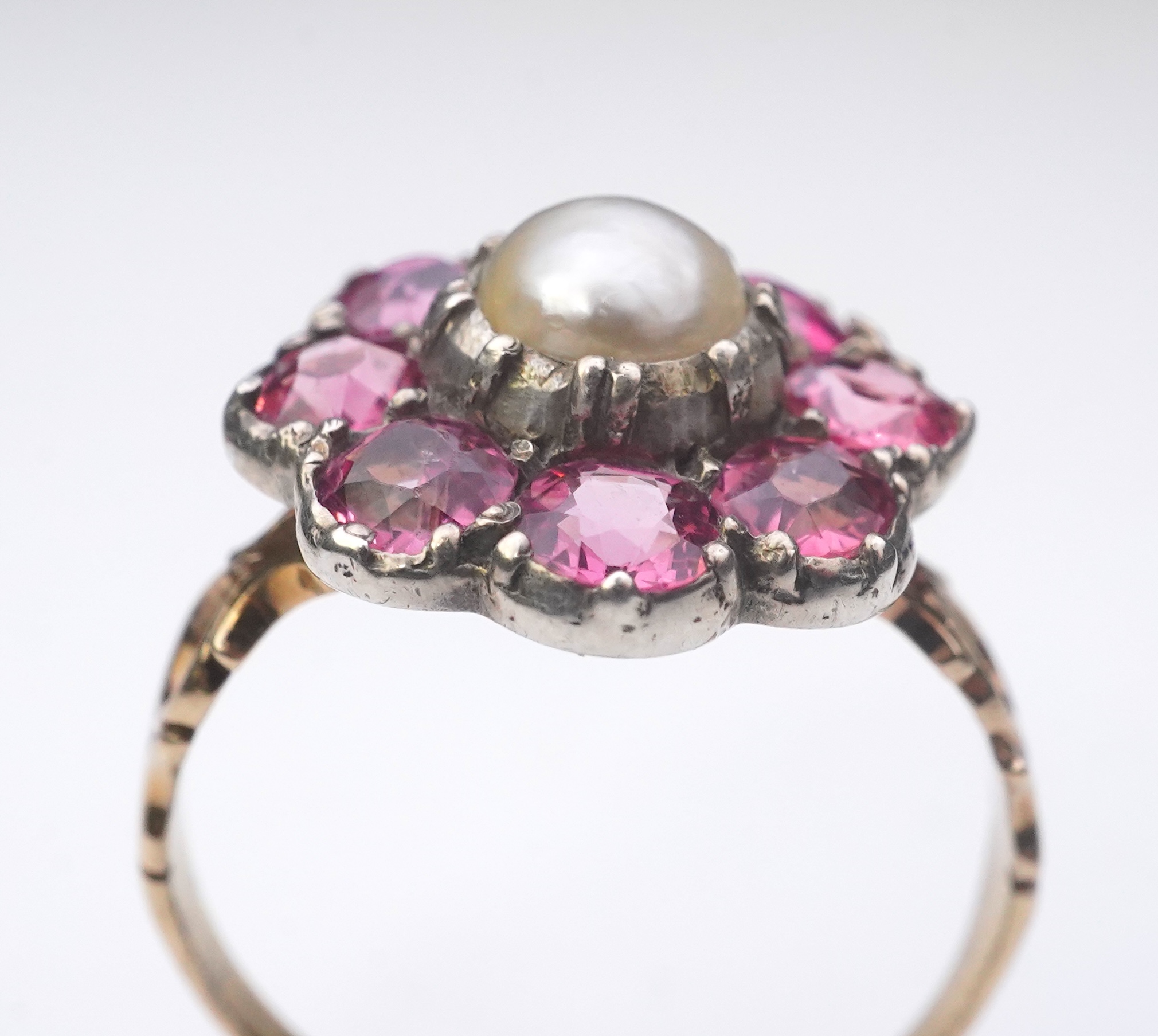 A pearl and pink tourmaline ring